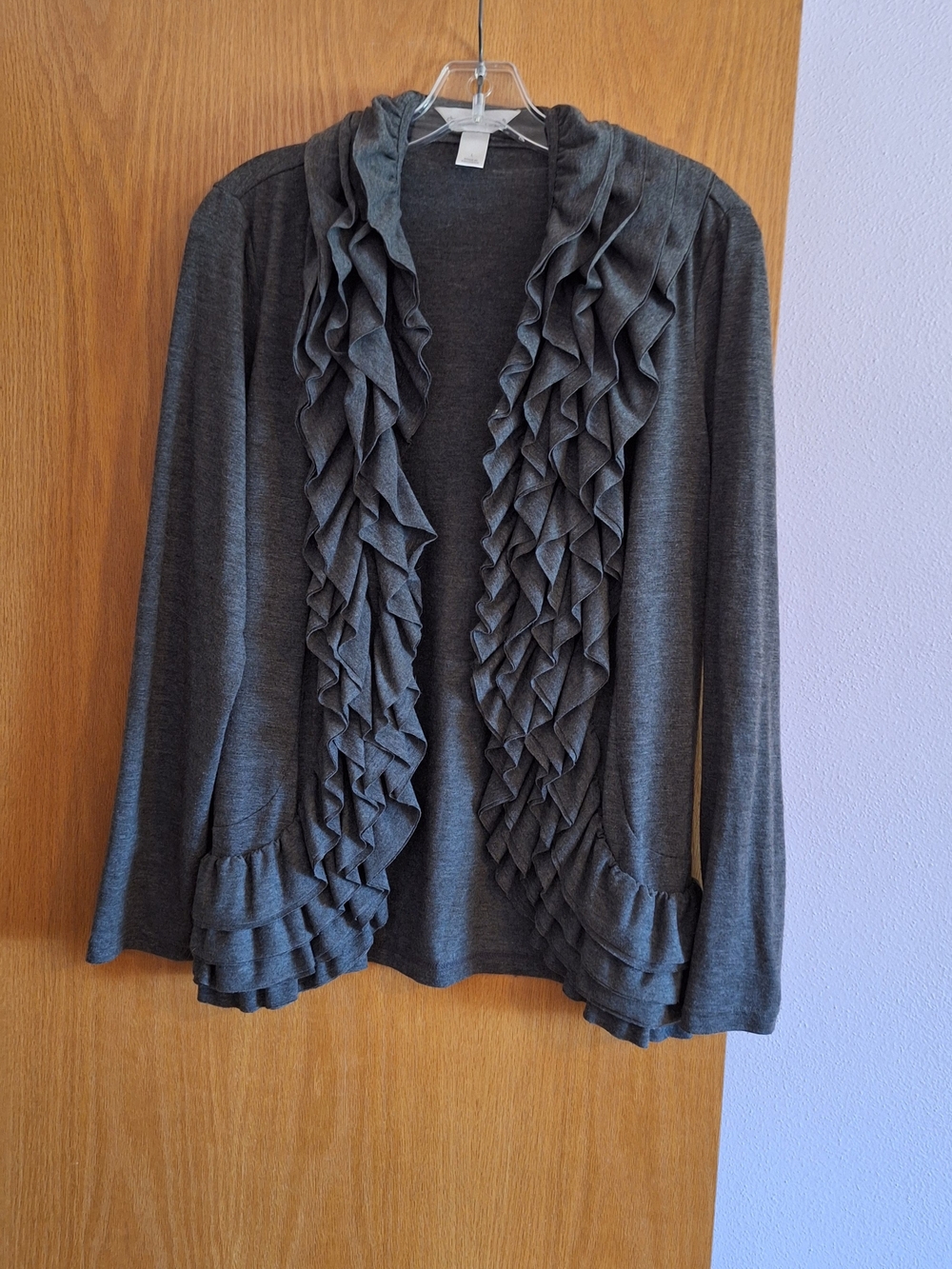 Christopher & Banks Dark Gray Ruffled Open-Front Cardigan